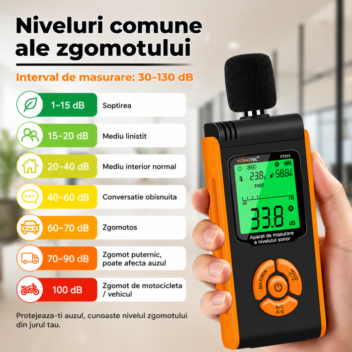 Sonometru digital profesional YITANGTEC YT311, 30-130 dB, ponderare A/C, FAST/SLOW, temperatura si umiditate, ecran color, functie MAX/MIN, HOLD [12]