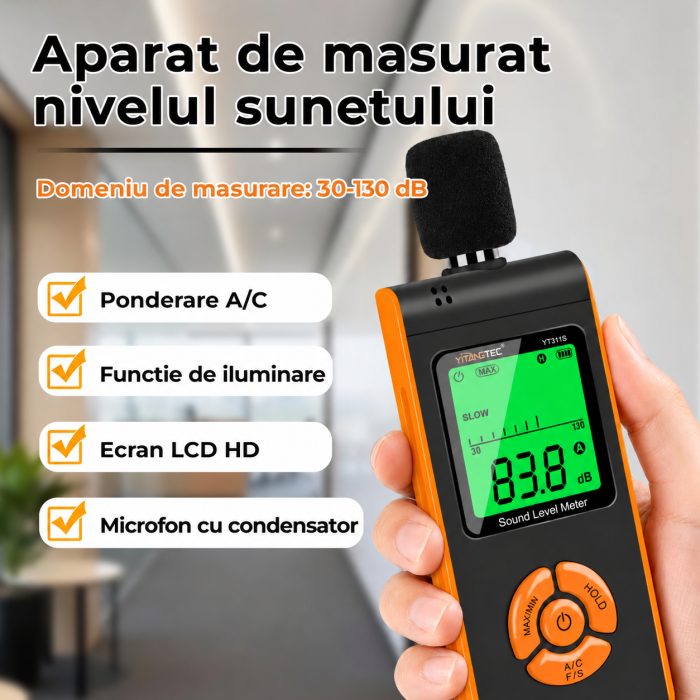 Sonometru digital profesional YITANGTEC YT311S, 30-130 dB, ponderare A/C, FAST/SLOW, MAX/MIN, HOLD, ecran LCD color, microfon cu protectie antivant [7]