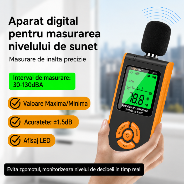 Sonometru digital YITANGTEC YT312S, 30-130 dBA, ecran LCD color, MAX/MIN, HOLD, FAST/SLOW, ponderare A, microfon cu condensator, masurare zgomot [6]