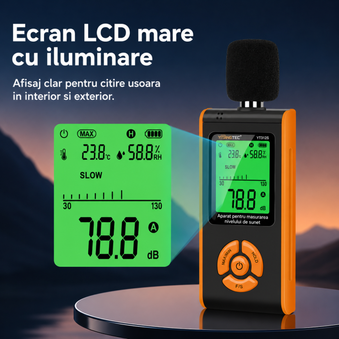 Sonometru digital YITANGTEC YT312S, 30-130 dBA, ecran LCD color, MAX/MIN, HOLD, FAST/SLOW, ponderare A, microfon cu condensator, masurare zgomot [7]