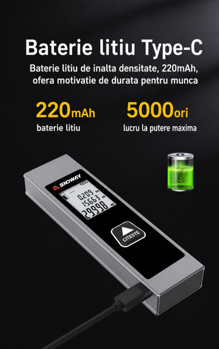 Telemetru Laser SNDWAY Mini Reincarcabil 0-30m, Precizie Ridicata, Carcasa Metalica, 11 cm lungime, USB-C [5]