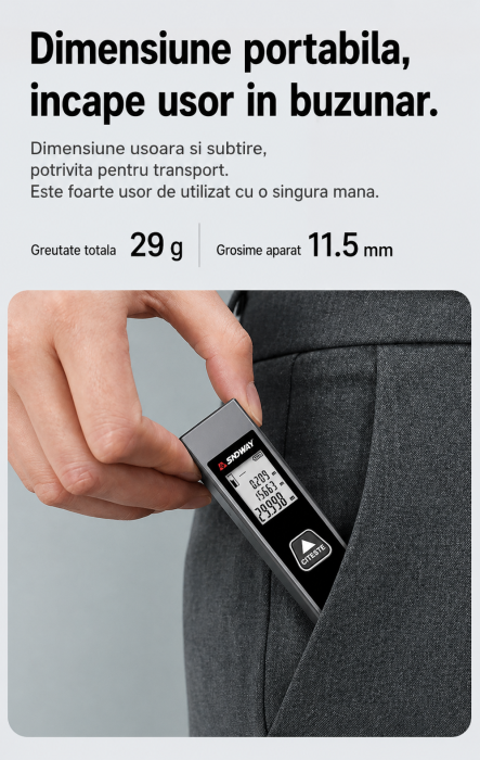 Telemetru Laser SNDWAY Mini Reincarcabil 0-30m, Precizie Ridicata, Carcasa Metalica, 11 cm lungime, USB-C [6]