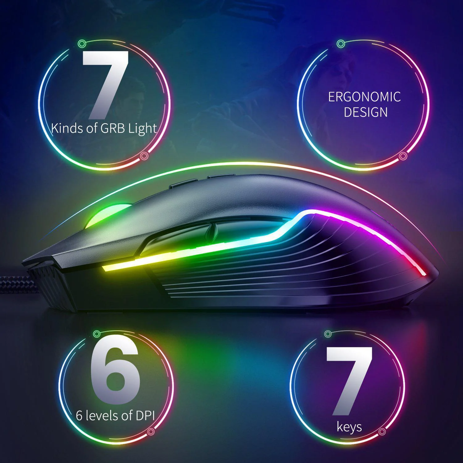 Mouse Gaming Onikuma 905, pe fir, 800-6400 dpi, LED RGB, negru [4]
