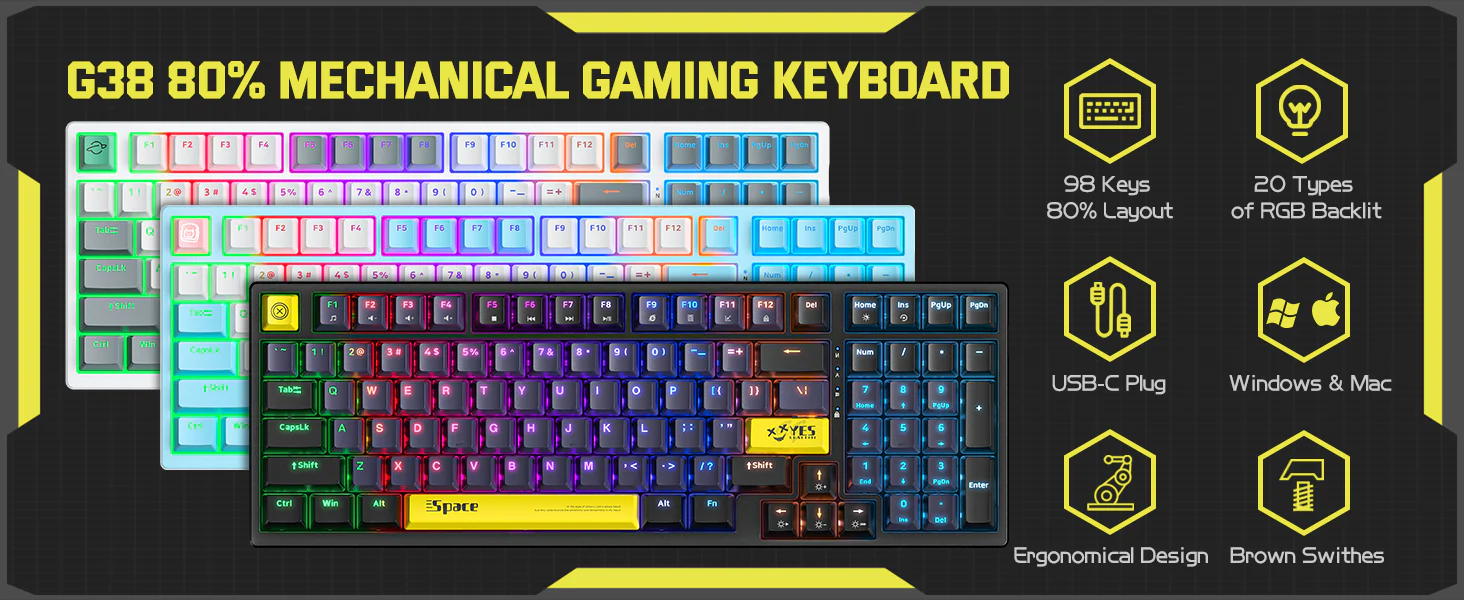 Tastatura Gaming Mecanica Onikuma G38 cu 98 taste, LED RGB, Type-C, alba [4]