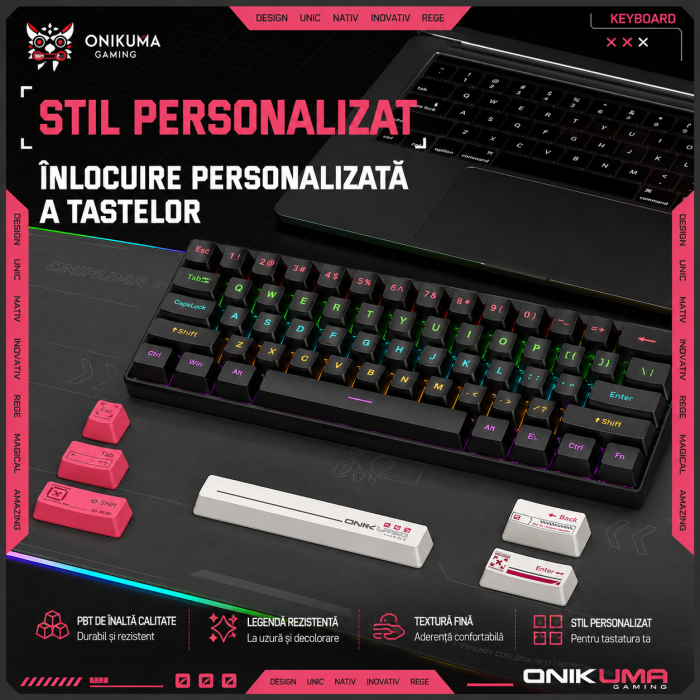 Tastatura Gaming Mecanica Onikuma G55, 61 Taste, Layout 60%, Iluminare RGB, Conectare USB Type-C, Taste ABS, Compatibila Windows/Mac/Android, Negru [2]