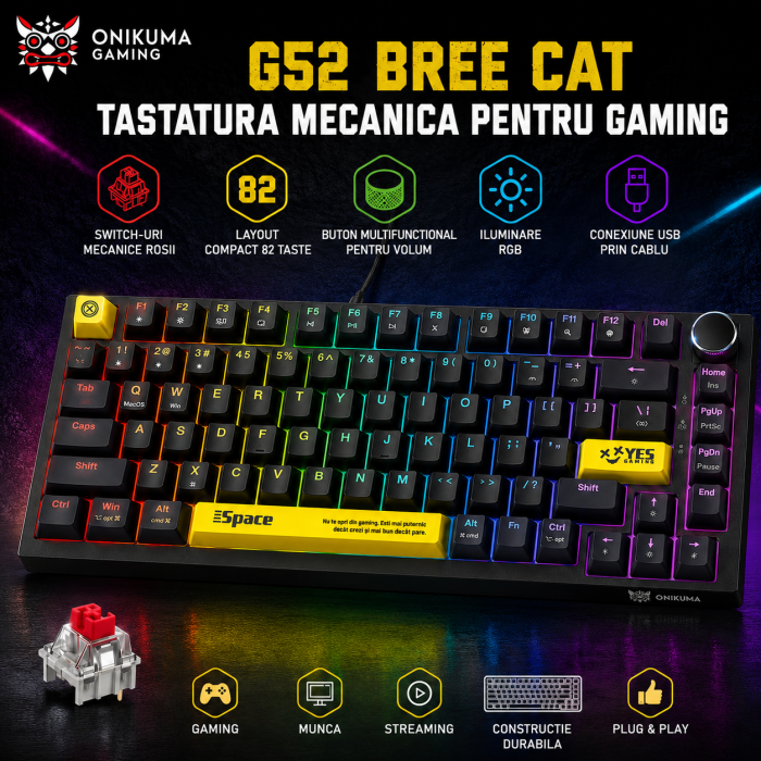 Tastatura mecanica gaming ONIKUMA G52, 82 taste, Hot Swap, Switch-uri Red Jixian, Iluminare RGB, Buton volum, USB Type-C detasabil, Anti-Ghosting, Negru [3]
