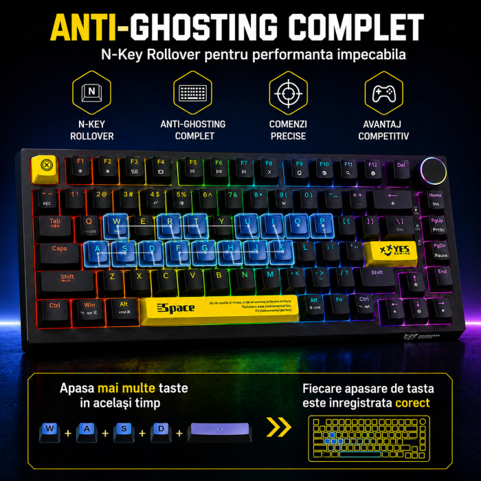 Tastatura mecanica gaming ONIKUMA G52, 82 taste, Hot Swap, Switch-uri Red Jixian, Iluminare RGB, Buton volum, USB Type-C detasabil, Anti-Ghosting, Negru [6]