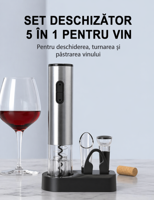 Set Electric Desfacator Vin 5 in 1 Premium – Deschidere Automata, Turnator Anti-Picurare, Dop Vacuum si Suport Elegant [3]