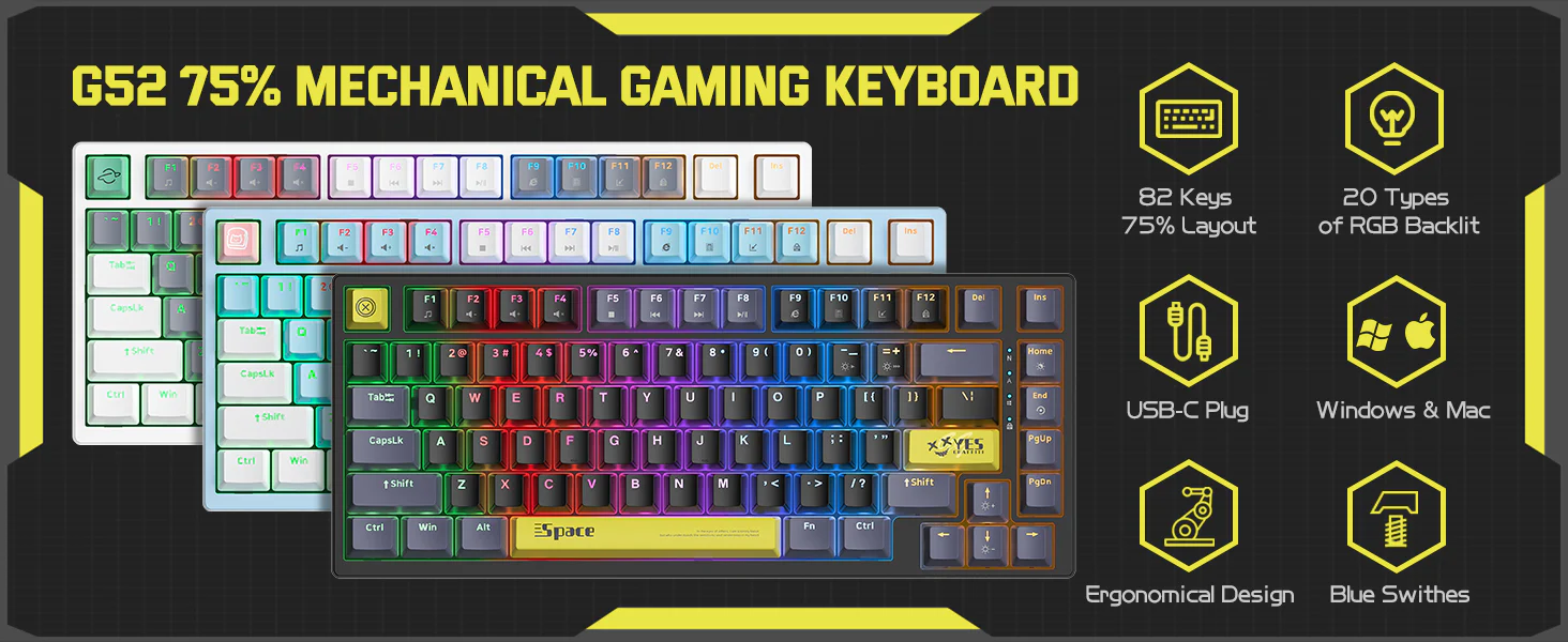 Tastatura Gaming Mecanica Onikuma G52 cu 82 taste, LED RGB, Type-C, neagra [6]