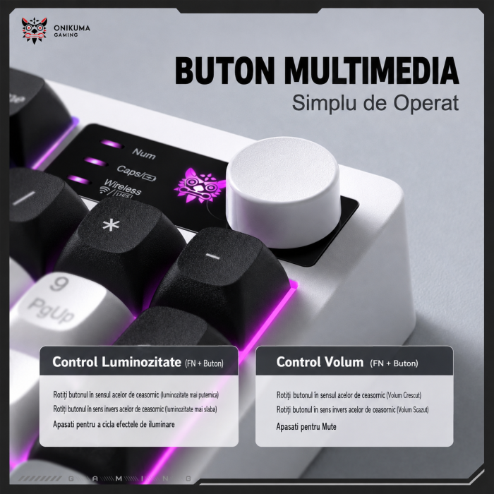 Tastatură Gaming Wireless ONIKUMA MT902, 95 Taste, Tri-Mode (Bluetooth + 2.4GHz + USB-C), RGB, Membrană Silențioasă, Buton Multimedia, Acumulator 2000mAh, Alb [5]