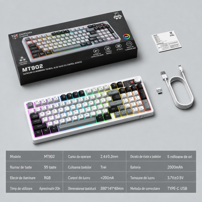 Tastatură Gaming Wireless ONIKUMA MT902, 95 Taste, Tri-Mode (Bluetooth + 2.4GHz + USB-C), RGB, Membrană Silențioasă, Buton Multimedia, Acumulator 2000mAh, Alb Gri [2]