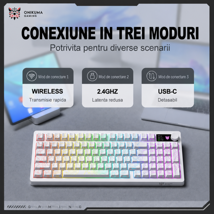 Tastatură Gaming Wireless ONIKUMA MT902, 95 Taste, Tri-Mode (Bluetooth + 2.4GHz + USB-C), RGB, Membrană Silențioasă, Buton Multimedia, Acumulator 2000mAh, Alb [2]