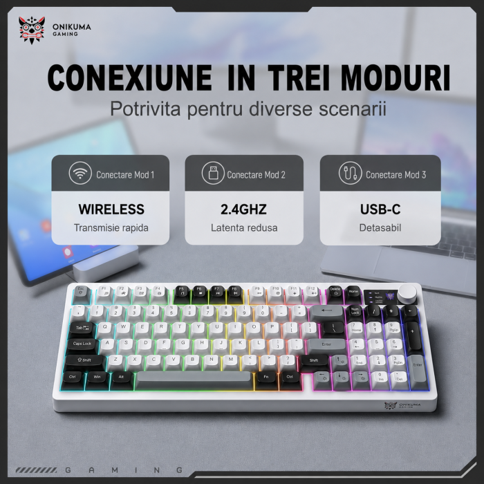 Tastatură Gaming Wireless ONIKUMA MT902, 95 Taste, Tri-Mode (Bluetooth + 2.4GHz + USB-C), RGB, Membrană Silențioasă, Buton Multimedia, Acumulator 2000mAh, Alb Gri [7]