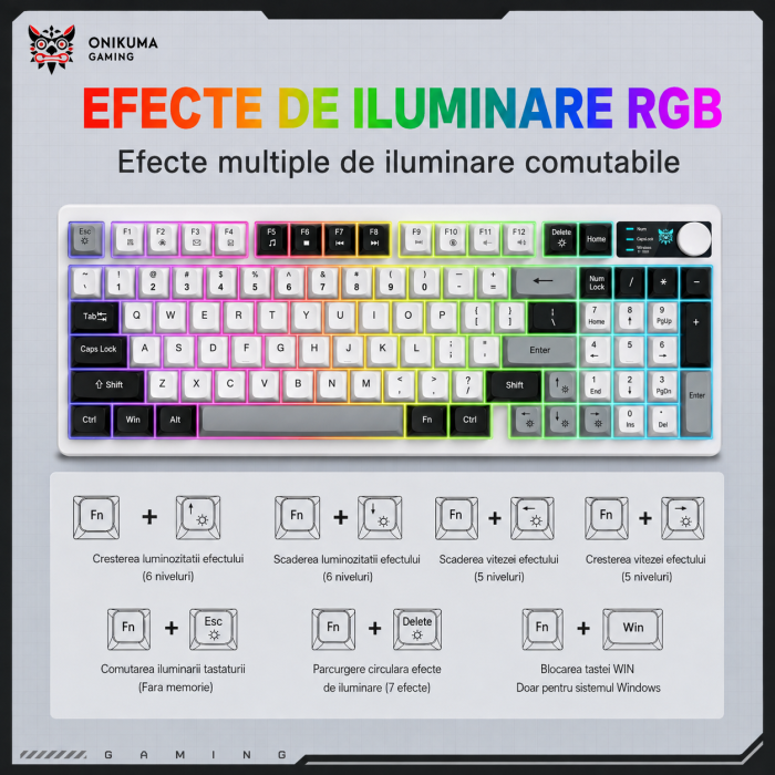 Tastatură Gaming Wireless ONIKUMA MT902, 95 Taste, Tri-Mode (Bluetooth + 2.4GHz + USB-C), RGB, Membrană Silențioasă, Buton Multimedia, Acumulator 2000mAh, Alb Gri [5]