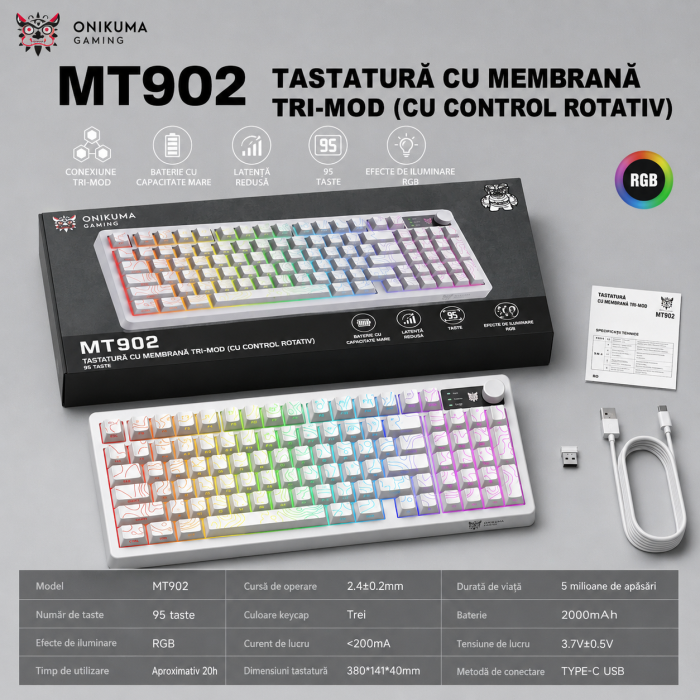 Tastatură Gaming Wireless ONIKUMA MT902, 95 Taste, Tri-Mode (Bluetooth + 2.4GHz + USB-C), RGB, Membrană Silențioasă, Buton Multimedia, Acumulator 2000mAh, Alb [3]