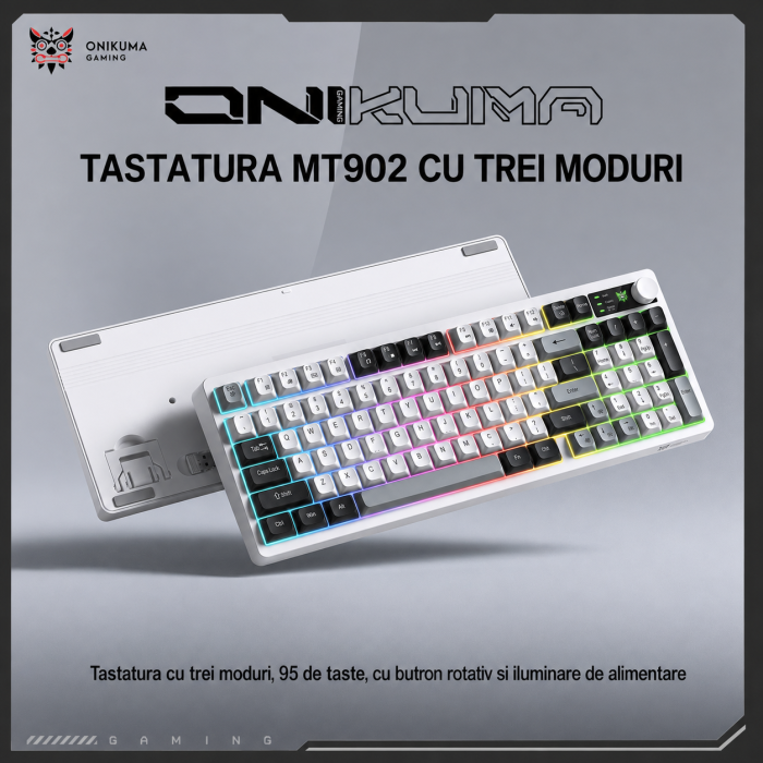 Tastatură Gaming Wireless ONIKUMA MT902, 95 Taste, Tri-Mode (Bluetooth + 2.4GHz + USB-C), RGB, Membrană Silențioasă, Buton Multimedia, Acumulator 2000mAh, Alb Gri [4]