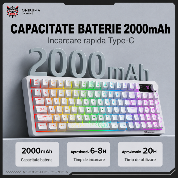 Tastatură Gaming Wireless ONIKUMA MT902, 95 Taste, Tri-Mode (Bluetooth + 2.4GHz + USB-C), RGB, Membrană Silențioasă, Buton Multimedia, Acumulator 2000mAh, Alb [4]