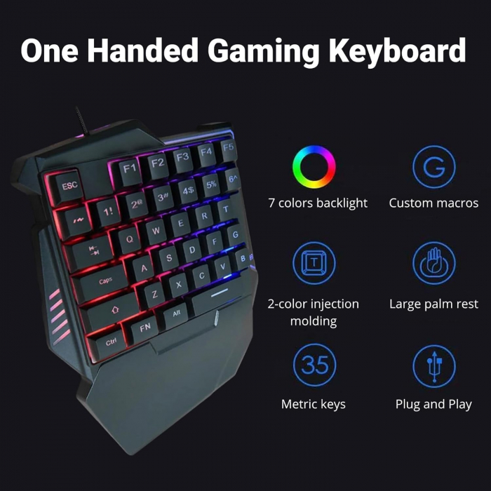 Set Gaming 913 Mouse , Tastatura Mecanica Gaming One Hand iluminare RGB, 35 taste, suport incheietura, cu cablu, portabila, compatibil Windows, Mac, Negru [5]