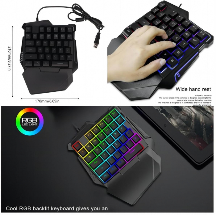 Tastatura Mecanica Gaming One Hand 911, iluminare RGB, 35 taste, suport incheietura, cu cablu, portabila, compatibil Windows, Mac, iOs, Android,Negru [3]