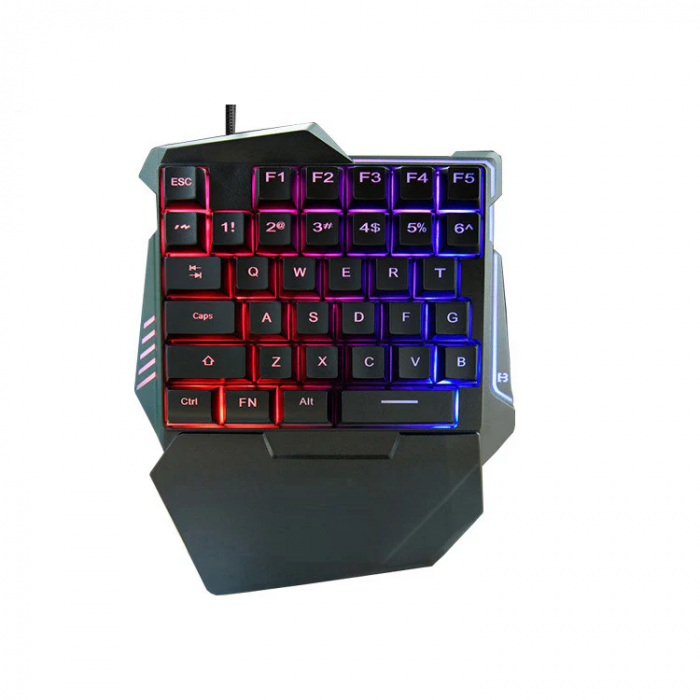 Set Gaming 913 Mouse , Tastatura Mecanica Gaming One Hand iluminare RGB, 35 taste, suport incheietura, cu cablu, portabila, compatibil Windows, Mac, Negru [2]