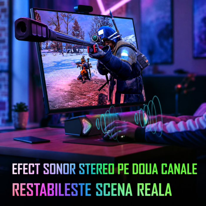 Boxe PC Gaming Onikuma L1 USB + Bluetooth 5.3, Soundbar 2 in 1, 10W RMS, Iluminare LED, Plug & Play, Compatibile PC, Laptop [6]