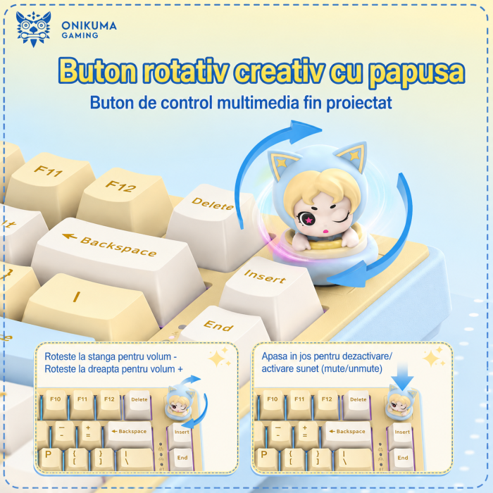 Tastatură Mecanică Premium Gaming ONIKUMA MT707 Wireless RGB, 81 Taste, Hot-Swap, Bluetooth 5.0, 2.4GHz, USB-C, Gasket Mount, Buton Multimedia, Macro, Galben Albastru [4]