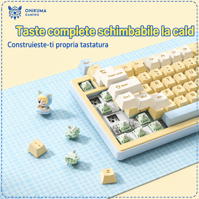 Tastatură Mecanică Premium Gaming ONIKUMA MT707 Wireless RGB, 81 Taste, Hot-Swap, Bluetooth 5.0, 2.4GHz, USB-C, Gasket Mount, Buton Multimedia, Macro, Galben Albastru [7]