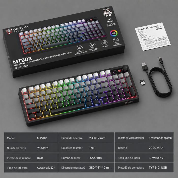 Tastatură Gaming Wireless ONIKUMA MT902, 95 Taste, Tri-Mode (Bluetooth + 2.4GHz + USB-C), RGB, Membrană Silențioasă, Buton Multimedia, Acumulator 2000mAh, Negru [2]