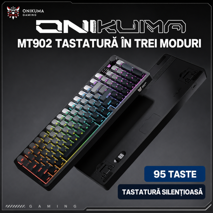 Tastatură Gaming Wireless ONIKUMA MT902, 95 Taste, Tri-Mode (Bluetooth + 2.4GHz + USB-C), RGB, Membrană Silențioasă, Buton Multimedia, Acumulator 2000mAh, Negru [6]