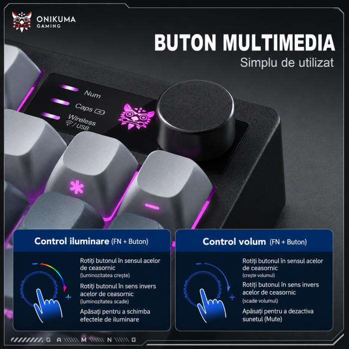 Tastatură Gaming Wireless ONIKUMA MT902, 95 Taste, Tri-Mode (Bluetooth + 2.4GHz + USB-C), RGB, Membrană Silențioasă, Buton Multimedia, Acumulator 2000mAh, Negru [3]