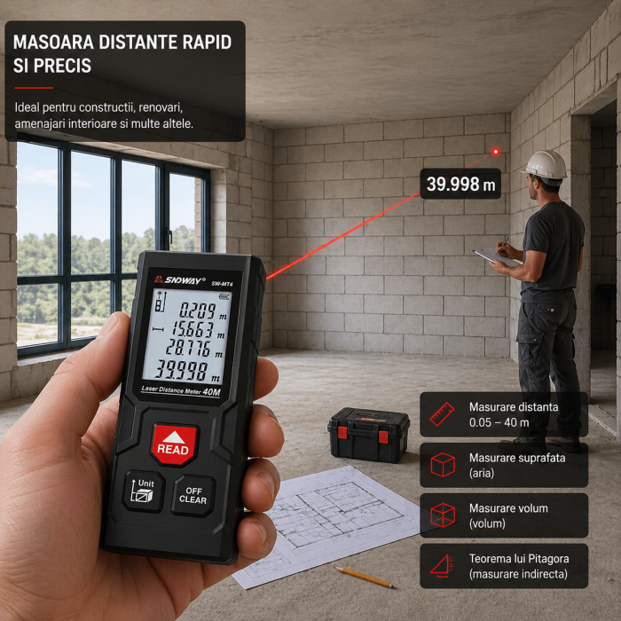Telemetru Laser SNDWAY SW-MT4, 40m, Precizie ±2mm/m, Display LCD Iluminat, Masurare Distanta/Suprafata/Volum, Functie Pitagora, IP54 [9]