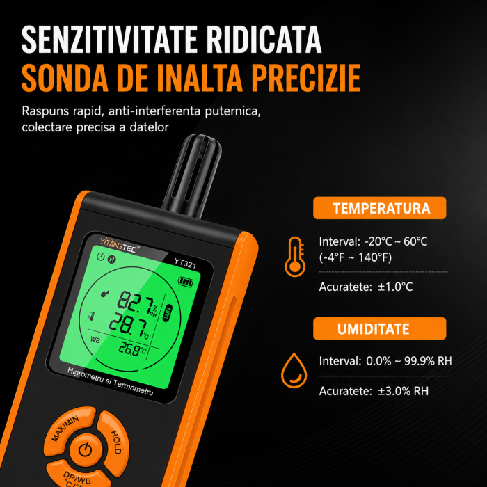 Termohigrometru digital profesional YITANGTEC YT321, temperatura, umiditate, punct de roua, temperatura bulb umed, MAX/MIN, HOLD, ecran LCD color [8]