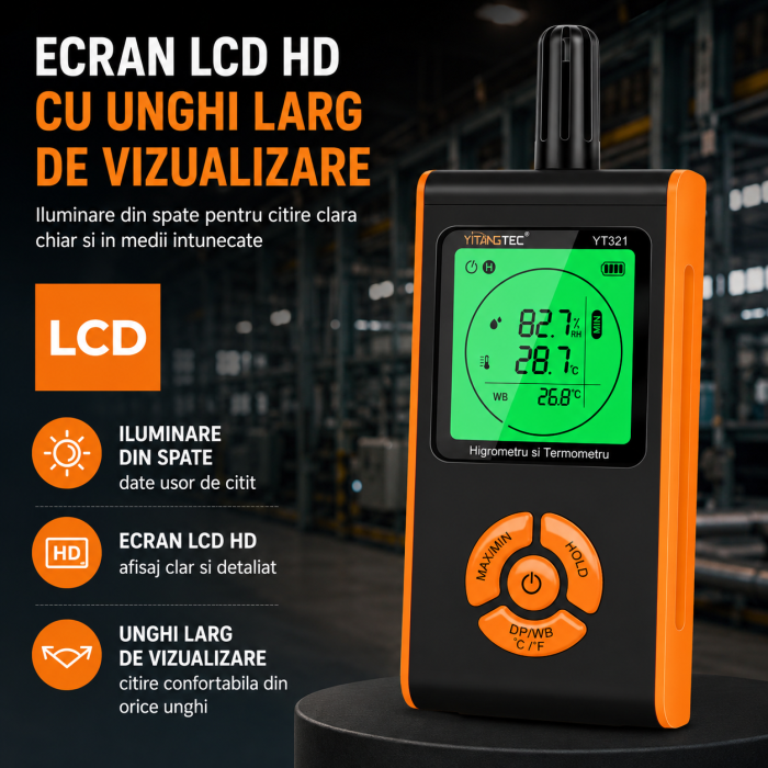 Termohigrometru digital profesional YITANGTEC YT321, temperatura, umiditate, punct de roua, temperatura bulb umed, MAX/MIN, HOLD, ecran LCD color [9]