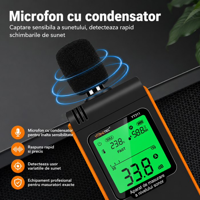 Sonometru digital profesional YITANGTEC YT311, 30-130 dB, ponderare A/C, FAST/SLOW, temperatura si umiditate, ecran color, functie MAX/MIN, HOLD [10]