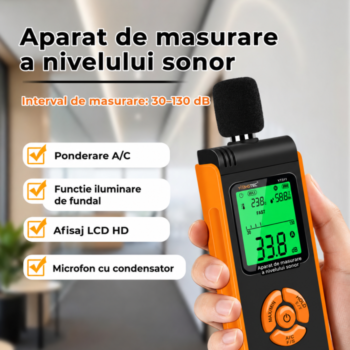 Sonometru digital profesional YITANGTEC YT311, 30-130 dB, ponderare A/C, FAST/SLOW, temperatura si umiditate, ecran color, functie MAX/MIN, HOLD [7]