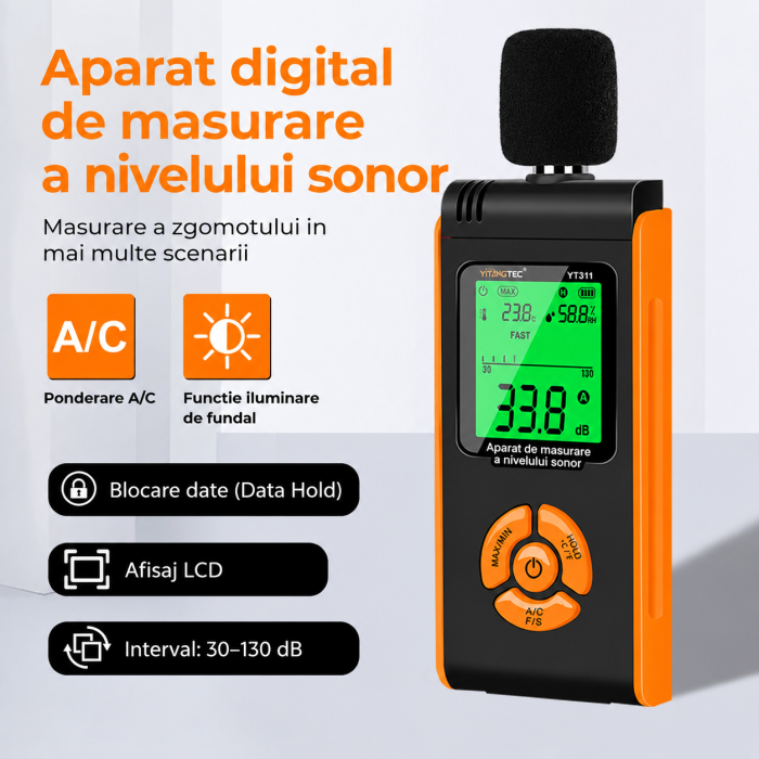 Sonometru digital profesional YITANGTEC YT311, 30-130 dB, ponderare A/C, FAST/SLOW, temperatura si umiditate, ecran color, functie MAX/MIN, HOLD [8]