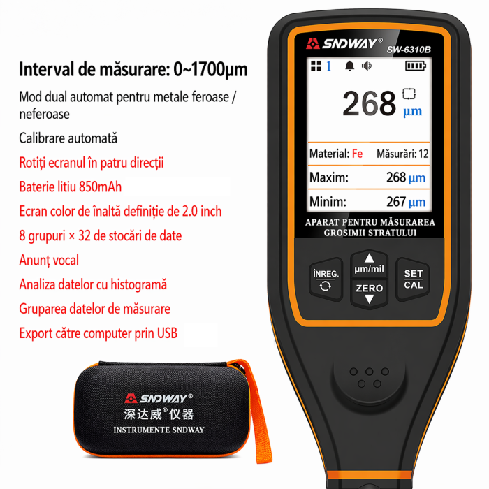 Tester grosime vopsea SNDWAY SW-6310B, 0-1700μm, ecran color 2", USB-C, memorie 8 grupuri, auto & industrial [6]