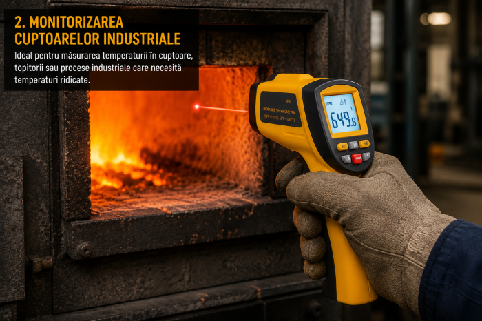 Termometru industrial cu laser tip pistol, fara contact, interval -50°C pana la +750°C, afisaj luminat, pirometru, portocaliu negru - Optimus AT [12]