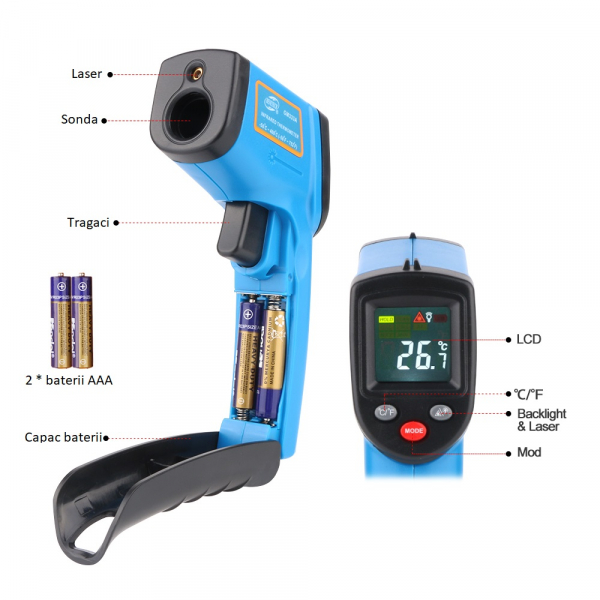 Termometru industrial Optimus AT 400 interval -50 +400°C cu afisaj color luminat, albastru [3]