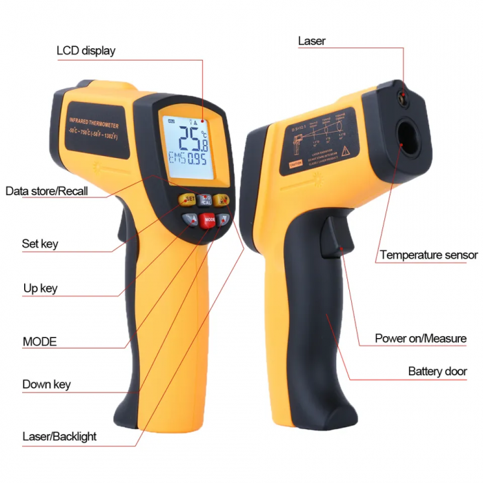 Termometru industrial profesional interval -50 +750°C cu afisaj luminat, portocaliu negru [5]