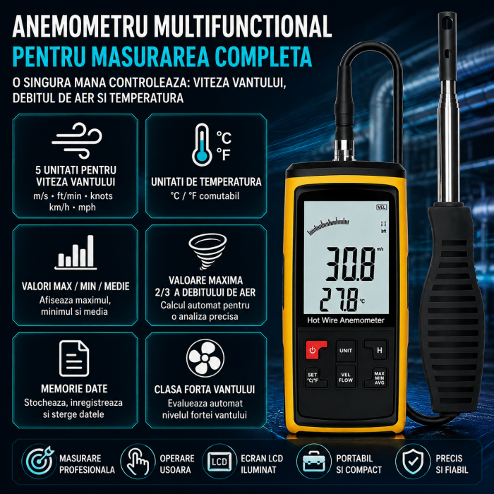 Anemometru digital profesional cu fir cald Optimus AT GT8912, masurare viteza vant, debit aer si temperatura, sonda telescopica, LCD iluminat [7]