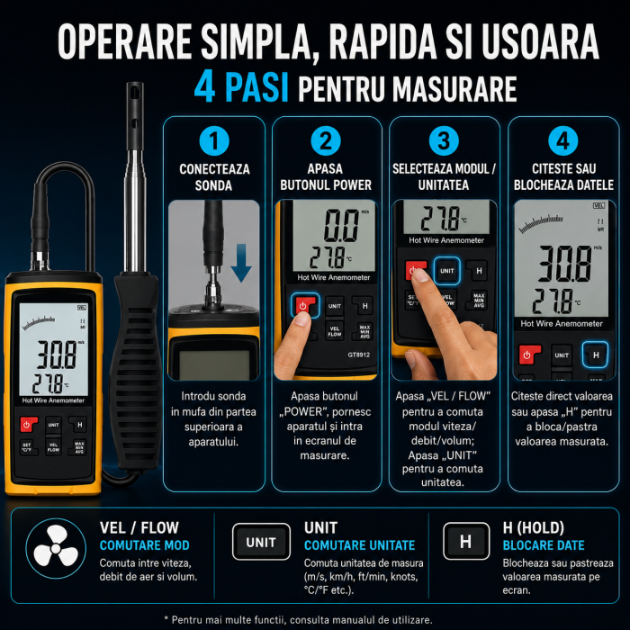 Anemometru digital profesional cu fir cald Optimus AT GT8912, masurare viteza vant, debit aer si temperatura, sonda telescopica, LCD iluminat [6]