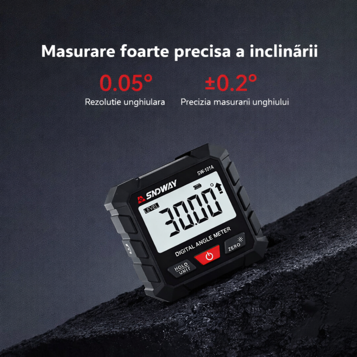 Goniometru digital SNDWAY SW-101A, inclinometru magnetic profesional, precizie ±0.2°, rezolutie 0.05°, afisaj LCD rotativ, incarcare USB-C [15]