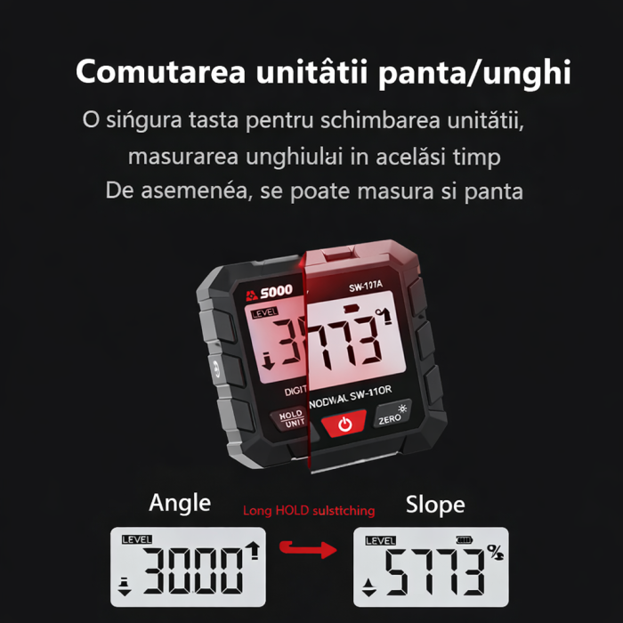 Goniometru digital SNDWAY SW-101A, inclinometru magnetic profesional, precizie ±0.2°, rezolutie 0.05°, afisaj LCD rotativ, incarcare USB-C [13]