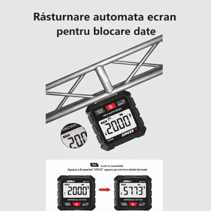 Goniometru digital SNDWAY SW-101A, inclinometru magnetic profesional, precizie ±0.2°, rezolutie 0.05°, afisaj LCD rotativ, incarcare USB-C [12]