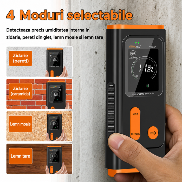Umidometru digital inductiv YITANGTEC YT301, fara pini, pentru lemn, zidarie si pereti, LCD iluminat, alarma umiditate, adancime detectie 19 mm [17]