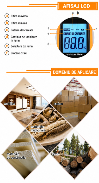 Umidometru profesional Optimus AT 660 pentru stabilirea umiditatii 4 clase de lemn, ciment, mortar, caramida, karstenite [8]