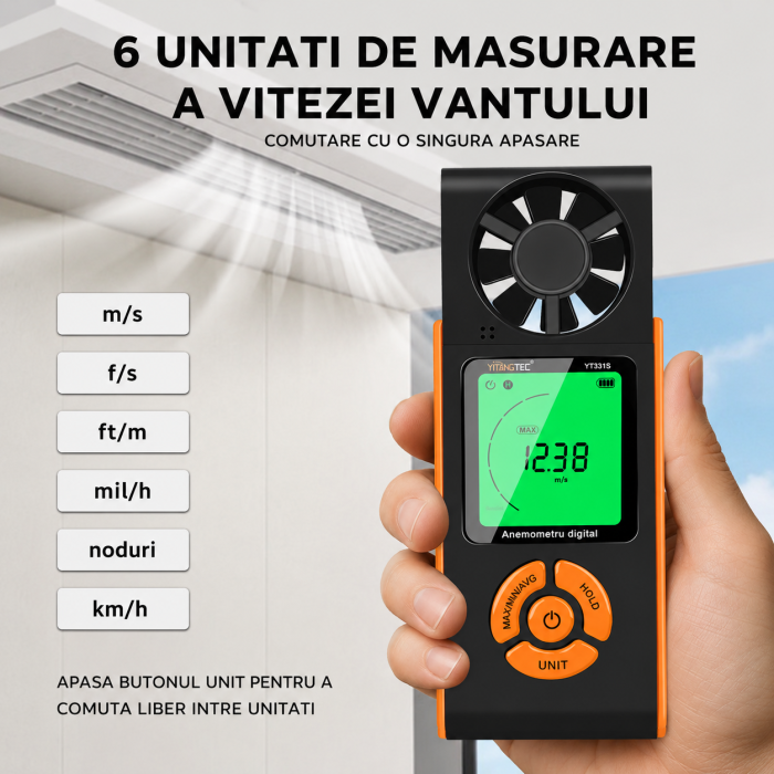 Anemometru digital YITANGTEC YT331S pentru masurarea vitezei vantului, afisaj LCD, MAX/MIN/AVG, HOLD, 0.70-30.00 m/s [7]