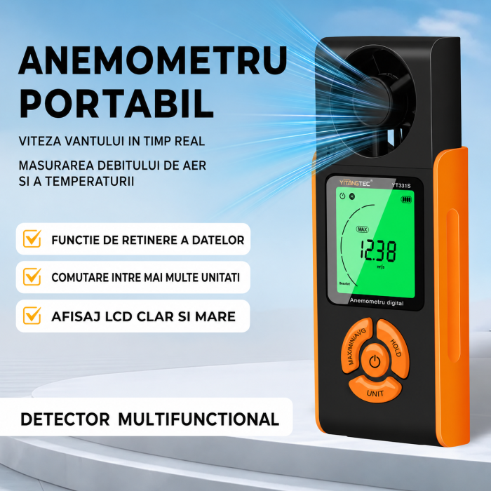 Anemometru digital YITANGTEC YT331S pentru masurarea vitezei vantului, afisaj LCD, MAX/MIN/AVG, HOLD, 0.70-30.00 m/s [6]