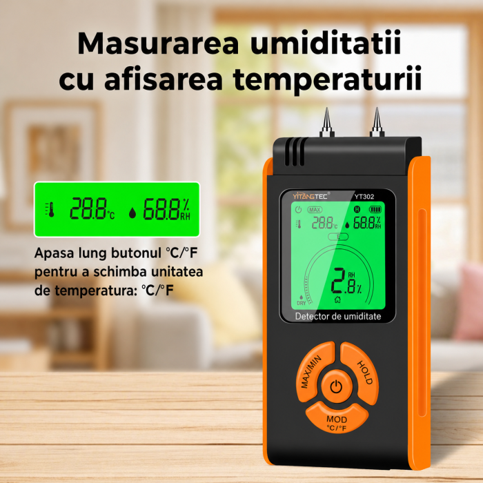 Umidometru profesional Yitangtec YT302 cu pini, temperatura, umiditate, afisaj color LCD, 7 categorii materiale, MAX/MIN, HOLD [11]